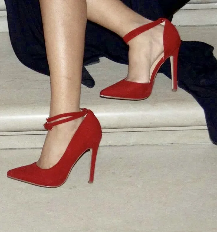Holiday Party Outfit- Navy Blue Dress and Red Shoes - Monica Ahuja
