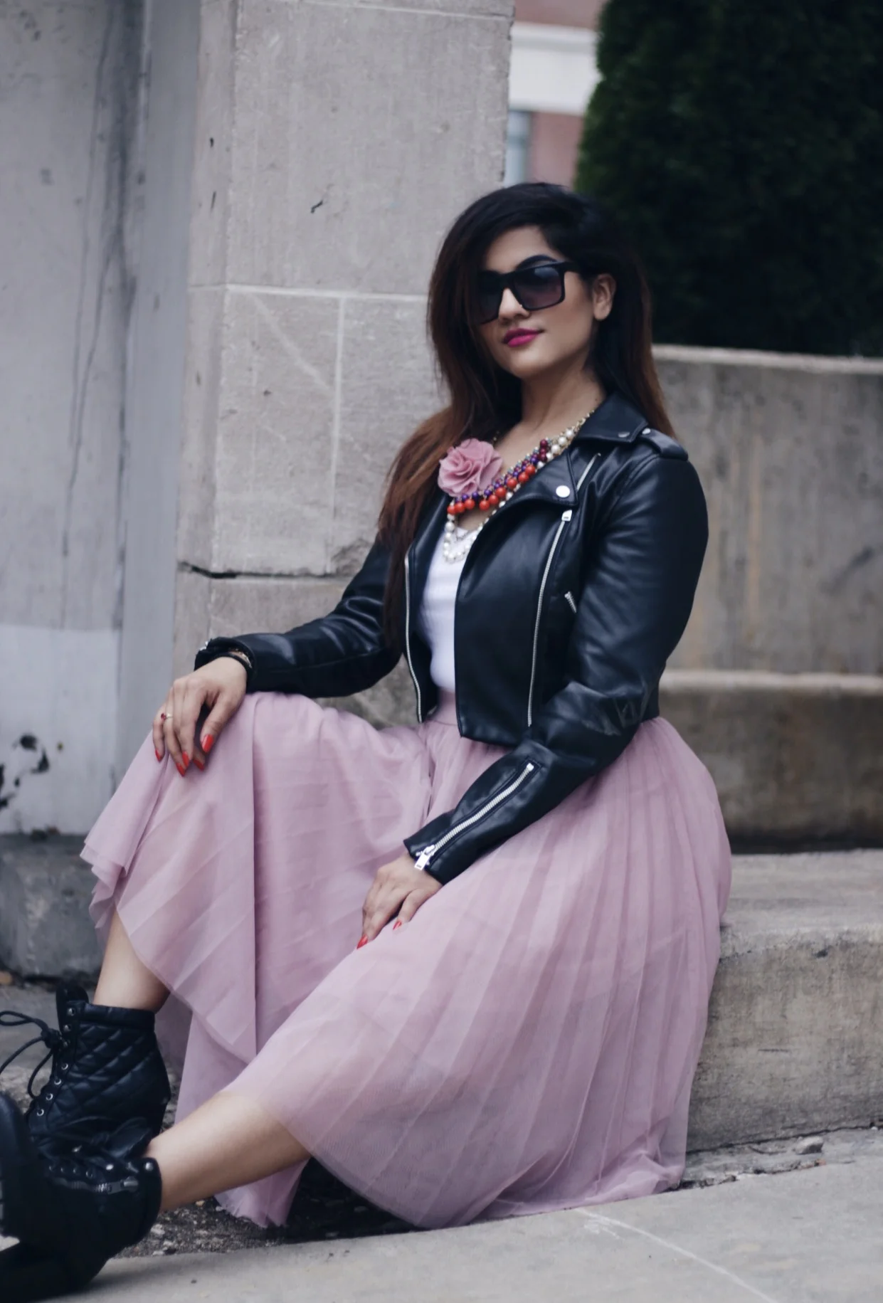Feminine Edgy Biker Jacket Full Skirt And Leather Jacket Edgy Feminine Leather Jacket And Floral Skirt